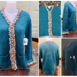 Vintage 90s Susan Bristol Boho Artsy Knit 5 Button Sweater Dark Spruce Multicolor Trim Size Large