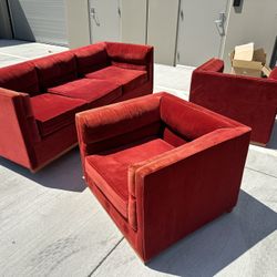 Red Velvet Couch And Two Club Chairs