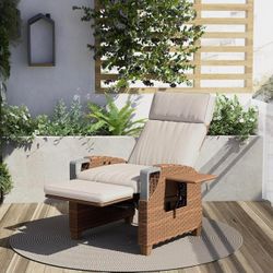 Grand patio Outdoor Recliner with Independent Adjustable Back and Footrest, Air Pump 150° Lay Flat Reclining Chair Removable Olefin Cushion Flip-Up Ta