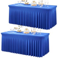 2 Pack Royal Blue Spandex Table Clothes for 6 Foot Rectangle Tables, Wrinkle Free Fitted Table Cover 6ft Stretchy Tablecloths with Skirt for Parties W