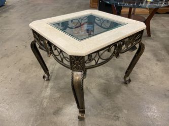 Ornate Vintage Accent Table with Marble Frame and Glass Inset Top Featuring Wrought Iron Scrollwork Base