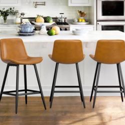 24 inch Counter Stool, Modern Bucket Barstool Set of 3, Barstools with Back and Footrest, Faux Leath