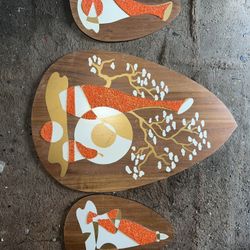 MCM Mid Century 3 Piece Walnut Wall Art Popcorn Gravel Illinois Moulding Co