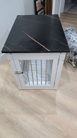 Modern Furniture Dog Crate / End Table (White & Black Faux Marble Top)