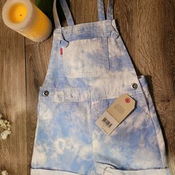 Levis Toddler Girls Shortalls Blue & White 5 Pockets Adjustable Shoulder Straps