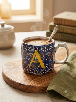 Anthropologie Initial "A" Monogram Mug – Blue Paisley Ceramic Coffee Cup
