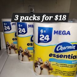 3 Packs Of CHARMIN ESSENTIALS SOFT 6 MEGA =24 ROLLS FOR $18/$18 POR LOS 3