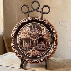 Vintage Turkish Copper Istanbul Mosque Wall Plate • Hand Etched •12.5”