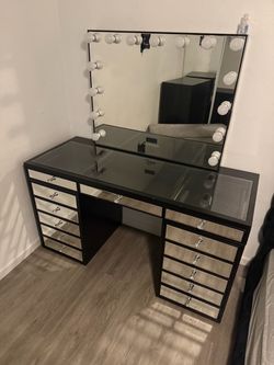 Black Makeup Vanity with Bluetooth and electrical outlet