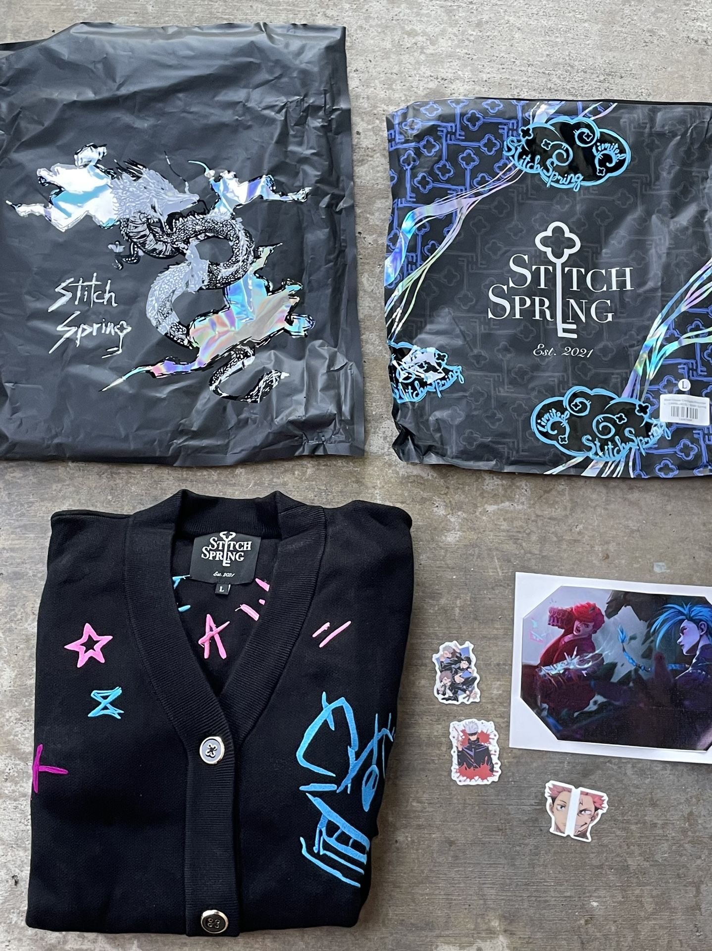 Stitch Spring Blue Chaos Jinx-Inspired Graffiti Cardigan Arcane League Legends L