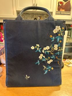 Navy Canvas Laptop Tote Bag with Floral Embroidery