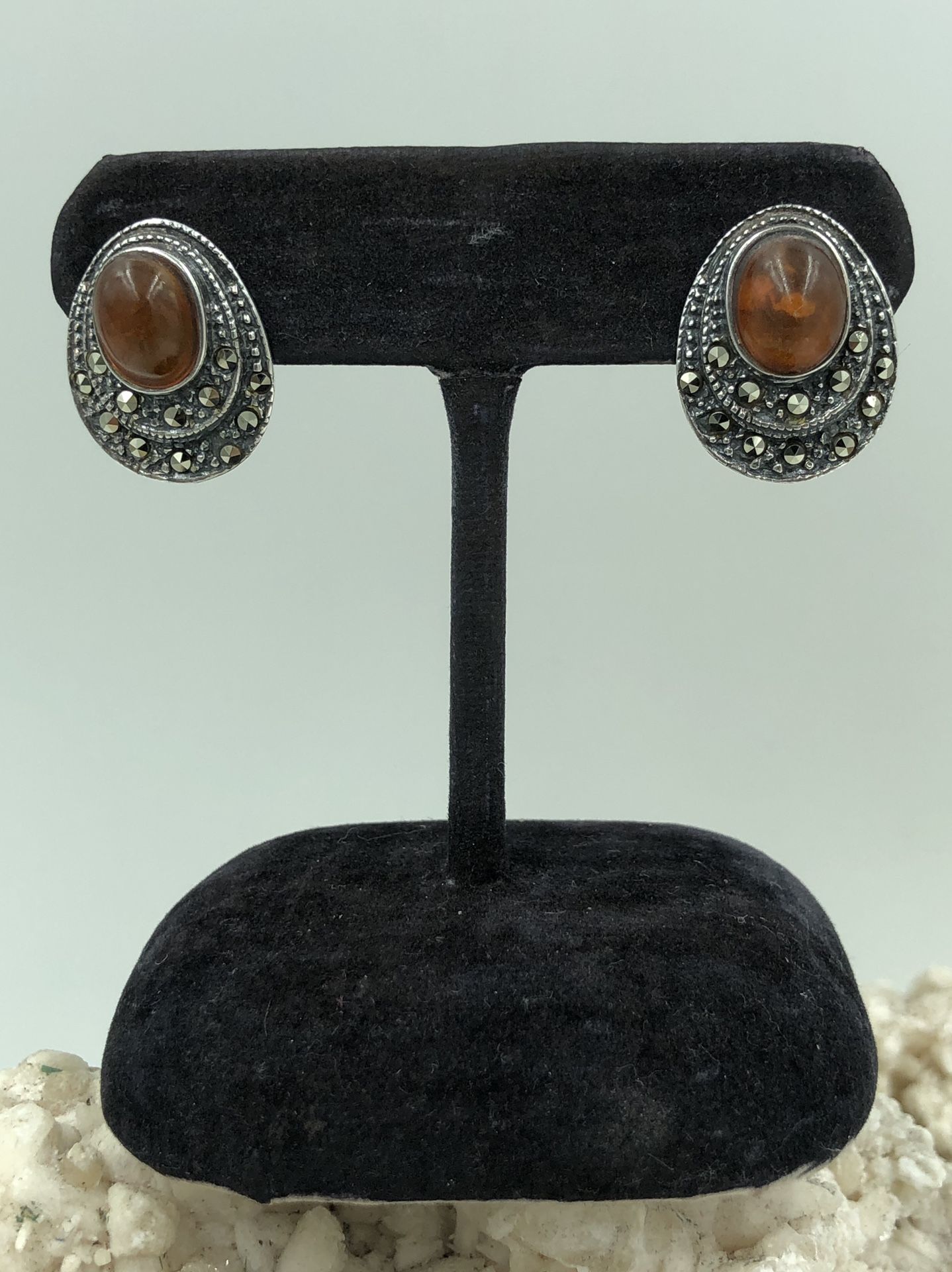 Vintage 925 Sterling Silver Amber & Marcasite Stud Earrings