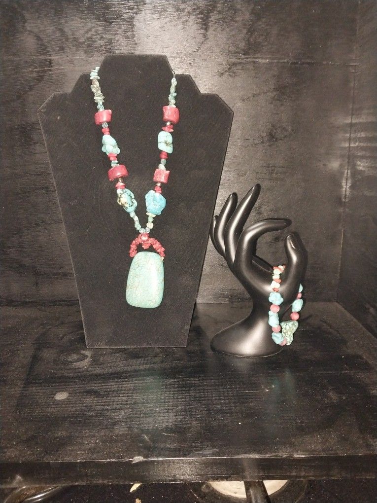 Handmade Turquoise And Red Stoned Necklace/bracelet
