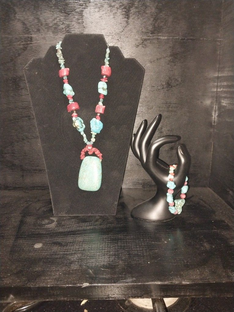 Handmade Turquoise And Red Stoned Necklace/bracelet 