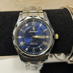 Luxury Blue Face  Silver And Golden Watch