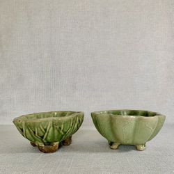 Two Antique Japanese? Footed Crackled Clay Bonsai Bowls In The Shape Of Lotus Leaf