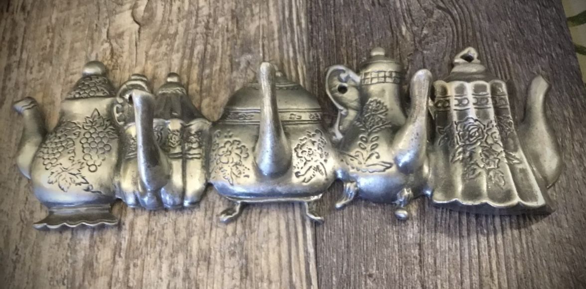 Vintage Cast Metal Teapot Kettle Wall Plaque 3 Hooks