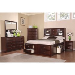 Brand new dark cherry queen captain bedframe + dresser + mirror + nightstand 4PCs set