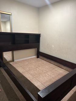 Dark Wood Bed Frame with Bookcase Headboard