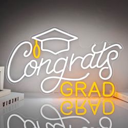 OvoNinn Congrats Grad Neon Sign, 20.47" X 13", Yellow/White