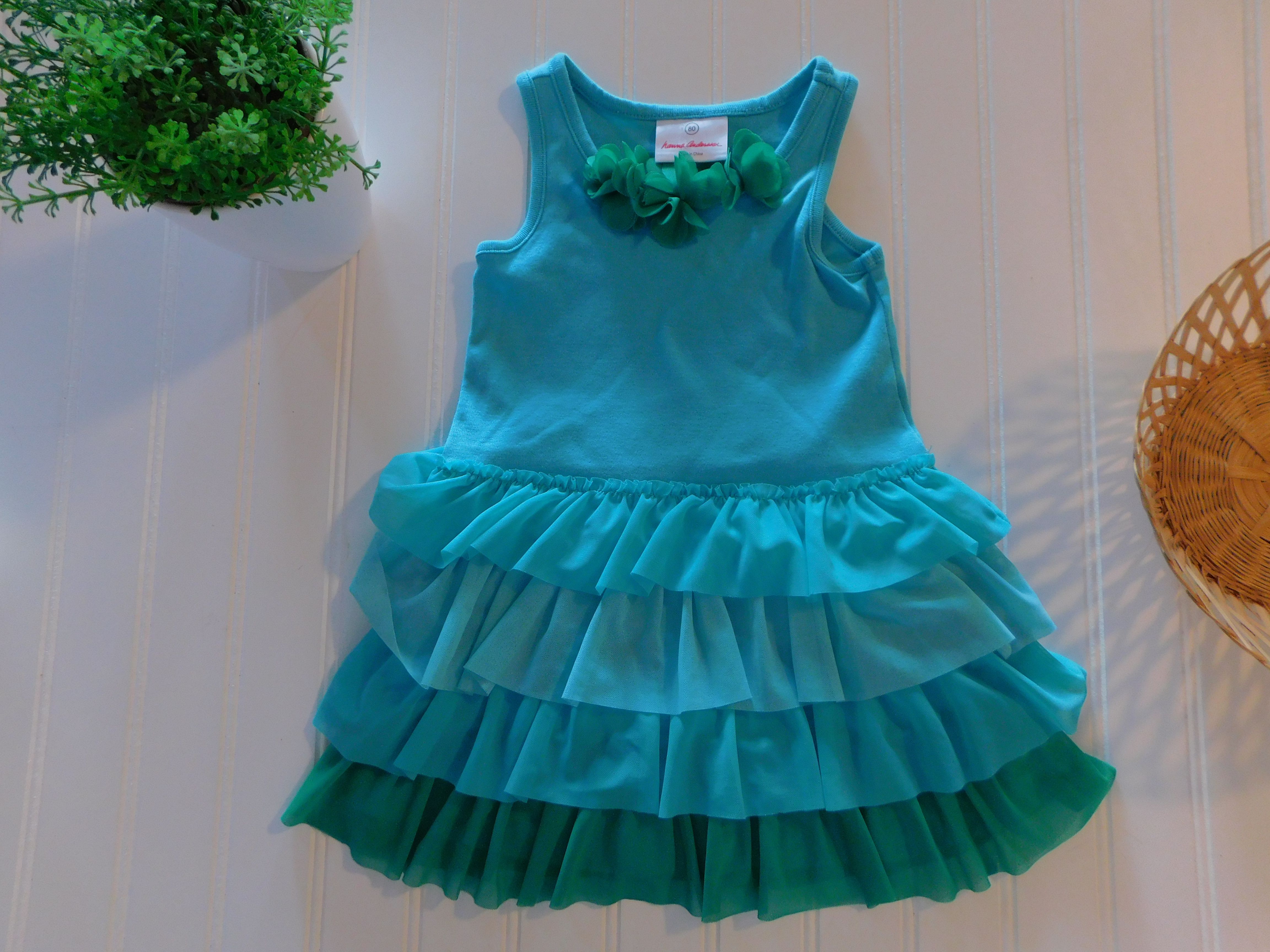 Hanna Andersson Girls 80 18-24M Turquoise Soft Tulle Tiered Ruffle Dress