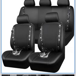 CAR PASS Leather Bling Diamond Car Seat Covers Full Set, Shining Rhinestone Waterproof Durable Rear with Zipper, Universal Fit Automotive Glitter Crys