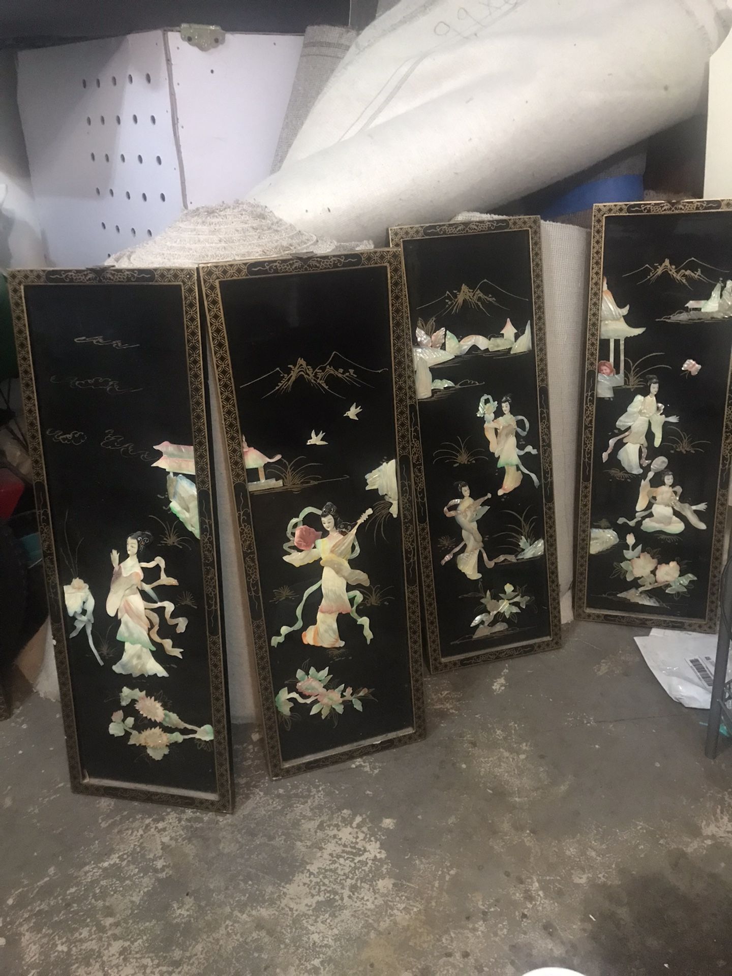 Oriental Japanese Mother Of Pearl Black Laquer 4 Panel Wall Hanging