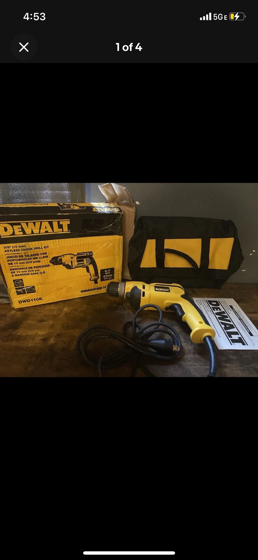 DEWALT DWD110K 3/8 inch Variable Speed, Corded, Reversible Grip Drill Kit
