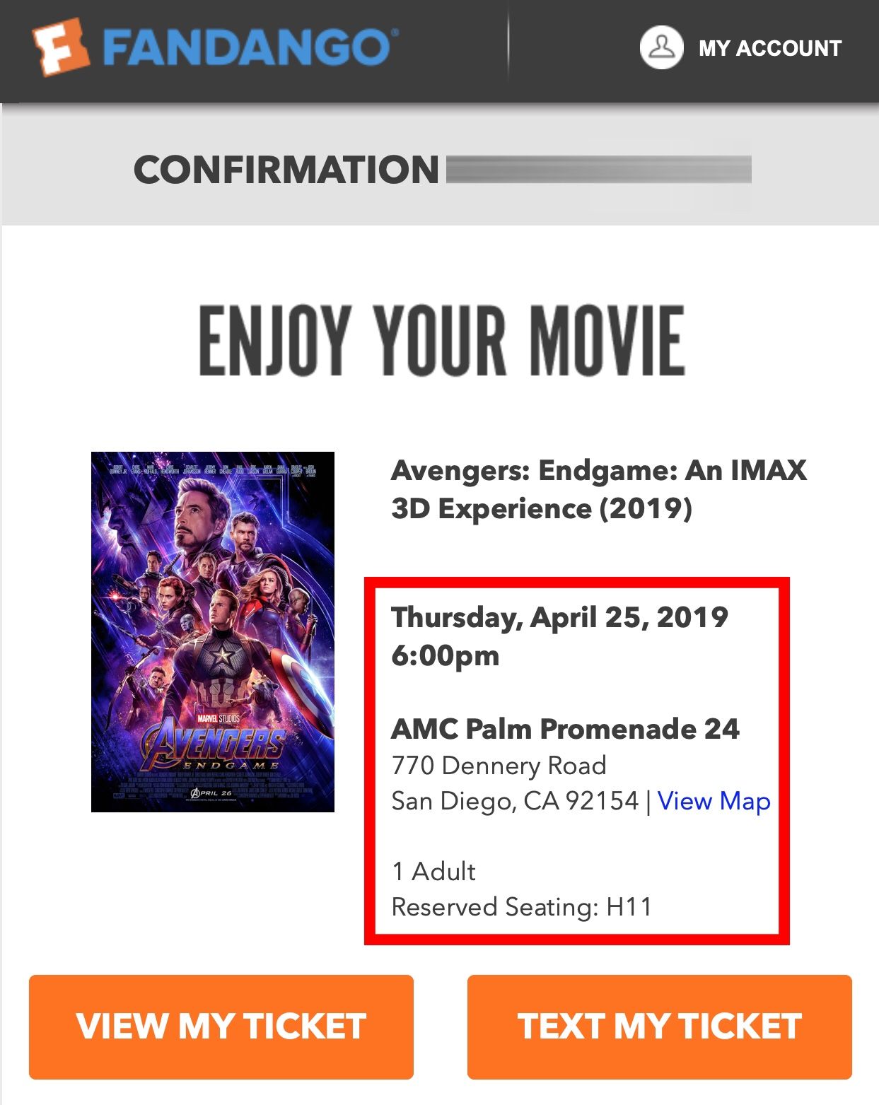 6 Avengers Endgame IMAX 3D Tickets AMC Palm Promenade 24 Thursday April 25th 6:00 PM