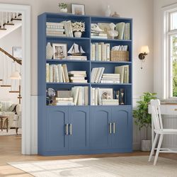 Bookshelf and Bookcase with Doors, Double Wide Large Bookshelves Industrial Open Display Shelves 6 Tier, 73'' Tall Bookshelf with Storage Cabinets for