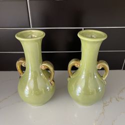 Vintage Pearl China Co. 22kt Gold , Green Vase Pair