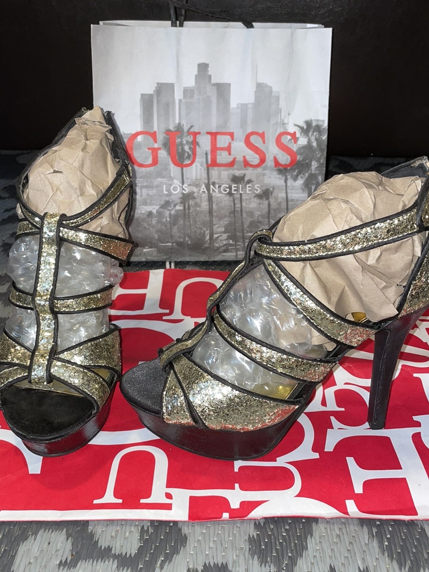 GUESS 5in/1 .5in Golden Platform Sequin Strappy Heeled Sandals $25