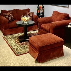 Burgundy Three Piece Set, Great Condition. Rug And Black Round Coffee Table 