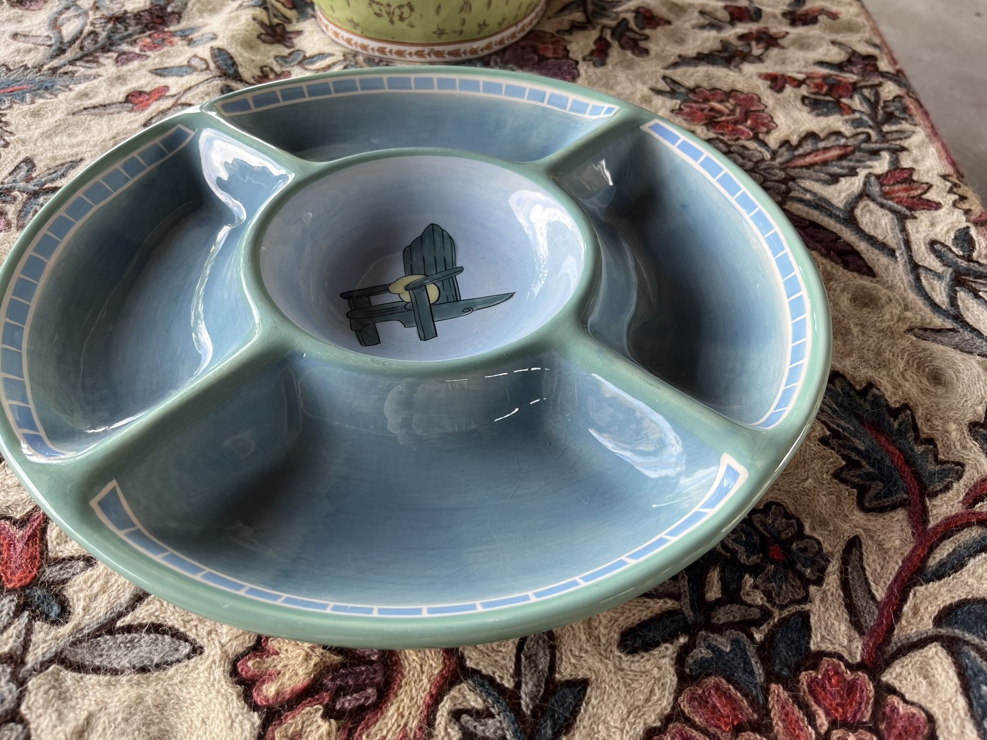 Brushes K.I.C. Hand Painted, Large Relish Serving Bowl "Desk Chair" Design Light Blue Pattern Collection Stonemite