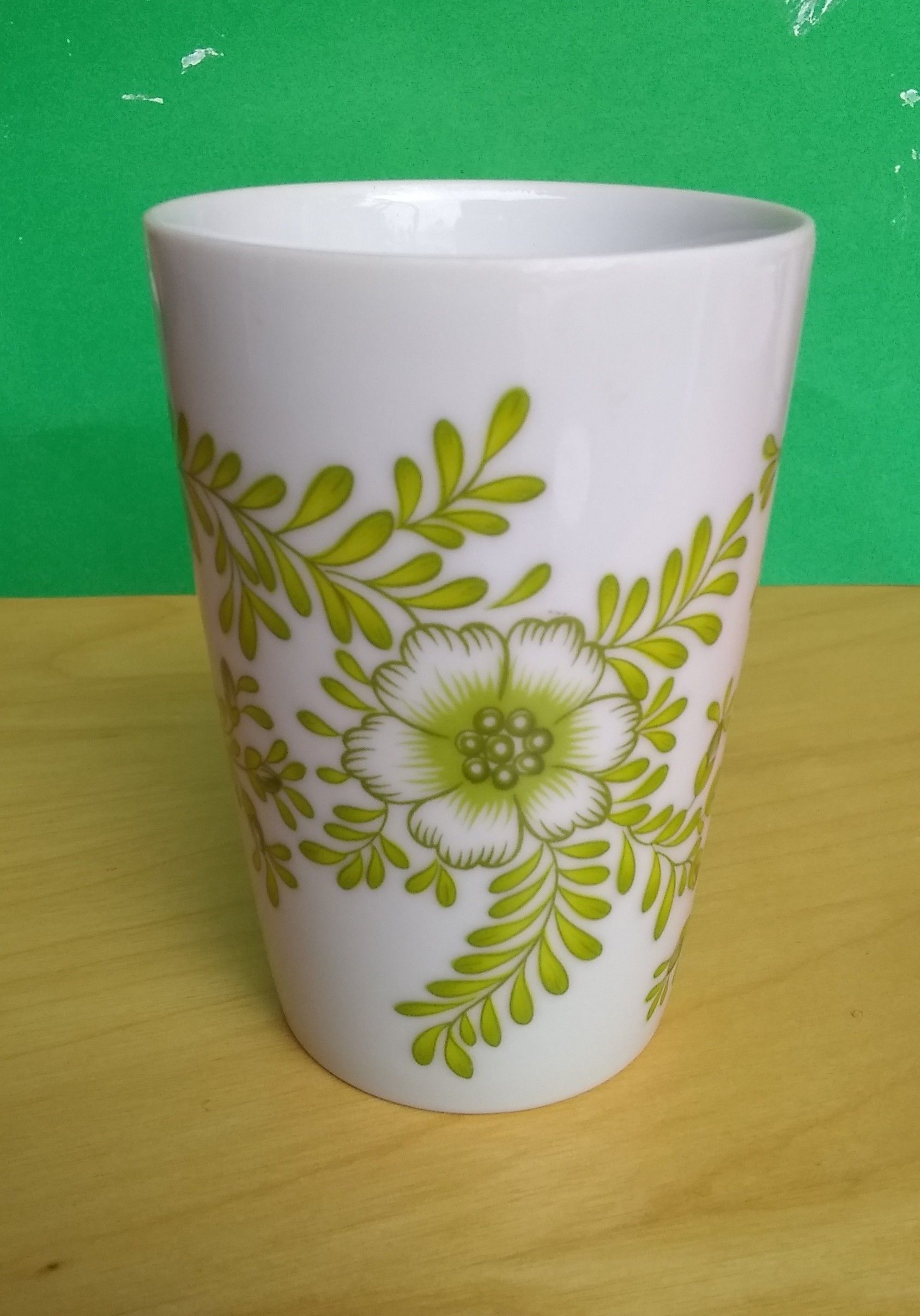 Vintage White Ceramic Cup with Green Fern And Flowers