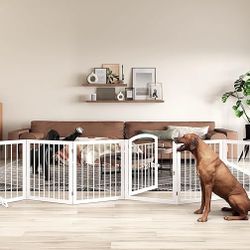 144-inch Extra Wide 30-inch Tall Dog gate with Door Walk Through, Freestanding Round Tube Pet Gate for Halls Stairs, Puppy Safety Dog Fence with 2PCS 