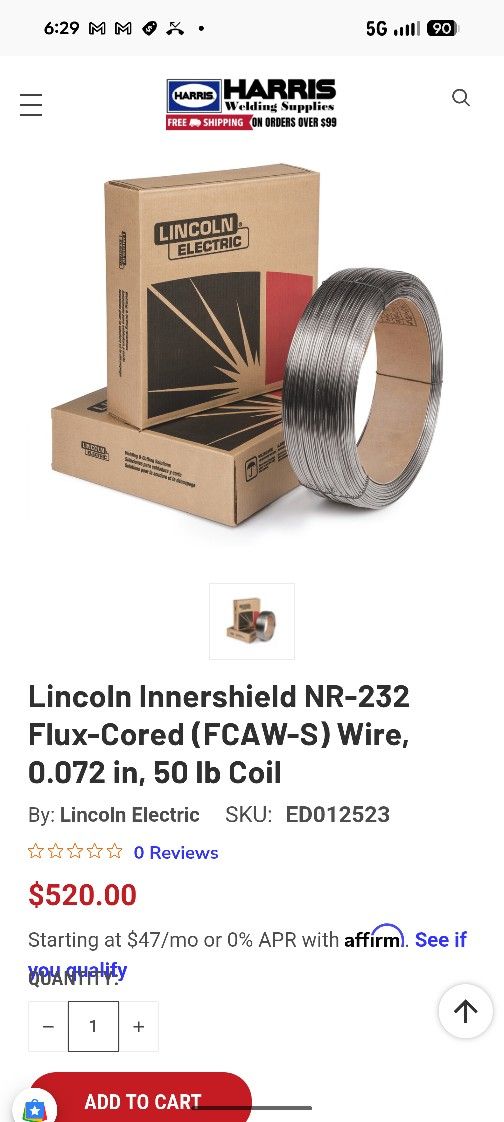 2) Lincoln Innershield NR-232 Flux-Cored (FCAW-S) Wire, 0.072 in, 50 lb Coil $250 Each 