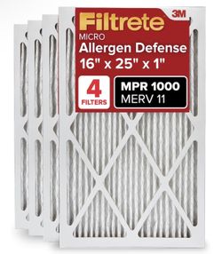 3M Filtrete 16x25x1 AC Furnace Air Filter, MERV 11, MPR 1000, Micro Allergen Defense, 3-Month Pleated 1-Inch Electrostatic Air Cleaning Filter, 4 Pack
