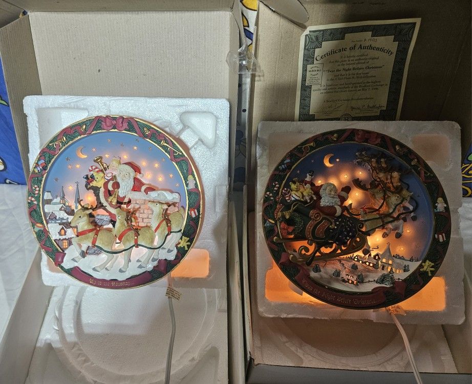 2x Bradford Exchange Light Up Twas the Night Before Christmas Plates