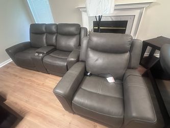 Grey Leather Reclining Sofa, Loveseat, and Armchair Set