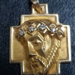 14k Yellow Gold Christ Head With Diamonds 0.04ctw 30x 22mm In Size