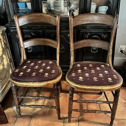 Pair of Antique Wooden Chairs with Embroidered Needlepoint Seats - need repair