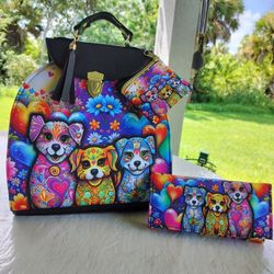 Dogs Colorful Purse Bag/Backpack, Wallet And Coins Purse Set 