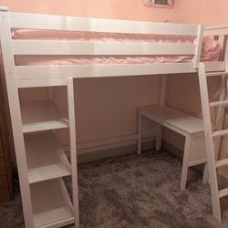 White Twin Loft Bed With Desk