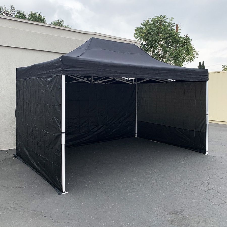 (NEW) $190 Heavy-Duty 10x15 ft with (3 Sidewalls) EZ Popup Canopy Outdoor Gazebo, Carry Bag (Black, White) 