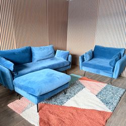 Albany Park Blue Velvet Sofa, Armchair, and Ottoman