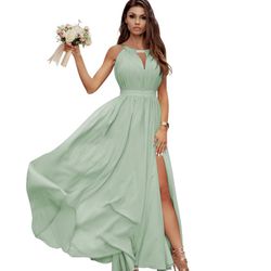 Women's Halter Bridesmaid Dresses with Slit Long Chiffon Pleated Formal Dress 