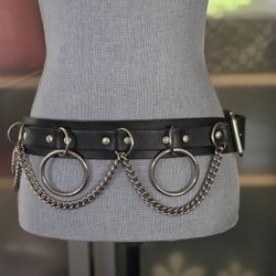 Y2K Draping Chain Halter O-Ring Black Leather Belt Silver-Tone Gothic Punk Rock