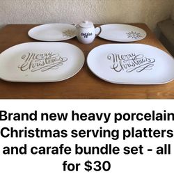 Brand new heavy porcelain Christmas serving platters and carafe bundle set - all for $30 - Porter Ranch Area For Meetups 