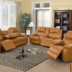 Caramel color Reclining Couch 3-Pc Set — Sofa • Loveseat • Chair
